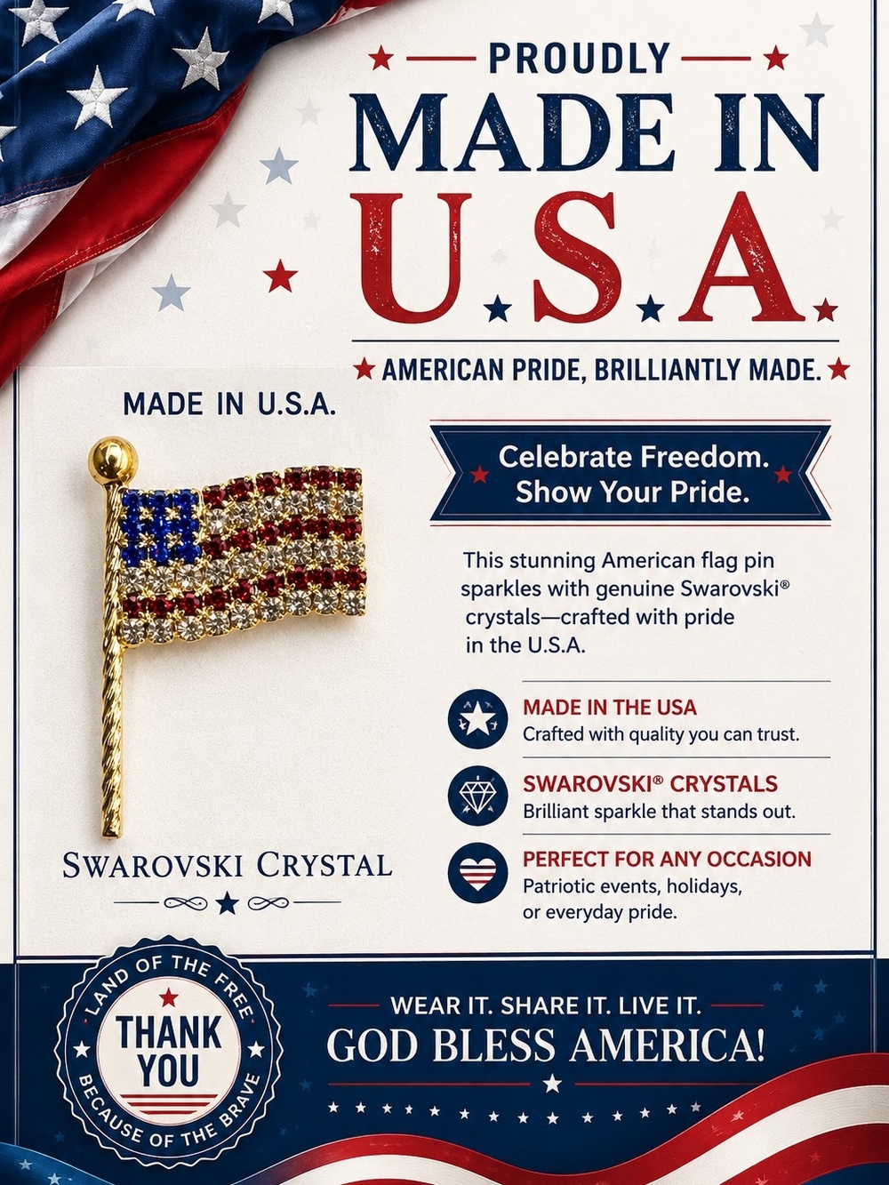Patriotic American Flag Brooch Pin with Red, Blue, and Gold Crystals